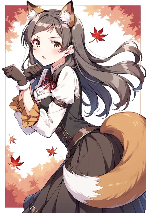 score_9, score_8_up, score_7_up, source_anime BREAK
kitazawa shiho, konkon comfort, 1girl, solo, brown hair, long sleeves, looking at viewer, black gloves, leaf, brown eyes, paw pose, open mouth, animal ear fluff, autumn leaves, maple leaf, white shirt, yellow eyes, from side, black dress, belt, leaning forward, cowboy shot, standing, puffy sleeves, looking back, kemonomimi mode, blush, looking to the side, eyebrows visible through hair, juliet sleeves, parted lips, black hair, v-shaped eyebrows, fox ears, fox tail, fox girl, simple background, :o, from behind, leaf background, brown belt, arm belt, very long hair, brown gloves, frills, medium breasts, corset, extra ears, red ribbon, pinafore dress, border, swept bangs, grey hair, fur trim, falling leaves, fake tail, fang, tail raised, hand up, black vest, black skirt, fur-trimmed gloves, hands up, arm garter, fake animal ears, outside border, brown skirt, parted bangs, arm strap, sleeveless, white border, floating hair, long skirt
<lora:kitazawa_shiho_sdxl_pony_locon_v1:0.8>