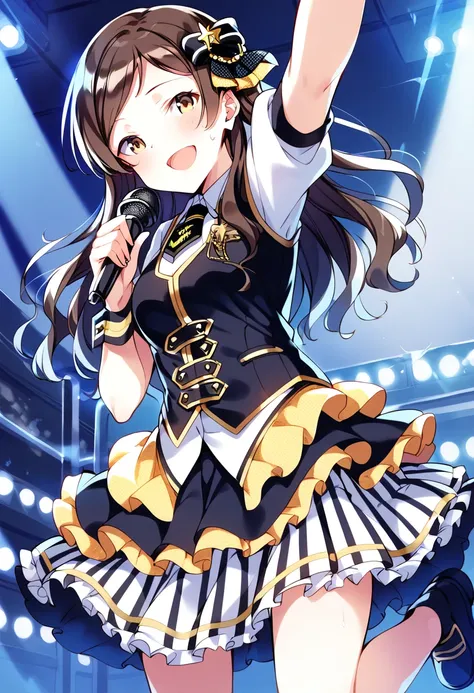 score_9, score_8_up, score_7_up, source_anime BREAK
kitazawa shiho, parfait noir, 1girl, brown hair, microphone, long hair, solo, open mouth, brown eyes, smile, wrist cuffs, stage, looking at viewer, blush, :d, hair bow, outstretched arm, stage lights, holding microphone, sweat, yellow eyes, music, frilled skirt, star hair ornament, singing, sweatdrop, sparkle, outstretched hand, puffy short sleeves, standing, leg up, standing on one leg, black neckwear, white skirt, white shirt, short necktie, wristband, layered skirt, black footwear, cowboy shot, reaching out, pleated skirt, black vest, striped skirt, glowstick, one side up, hair ribbon, spotlight, miniskirt, eyebrows visible through hair, collared shirt, dress, arm up, black bow, vertical-striped skirt
<lora:kitazawa_shiho_sdxl_pony_locon_v1:0.8>