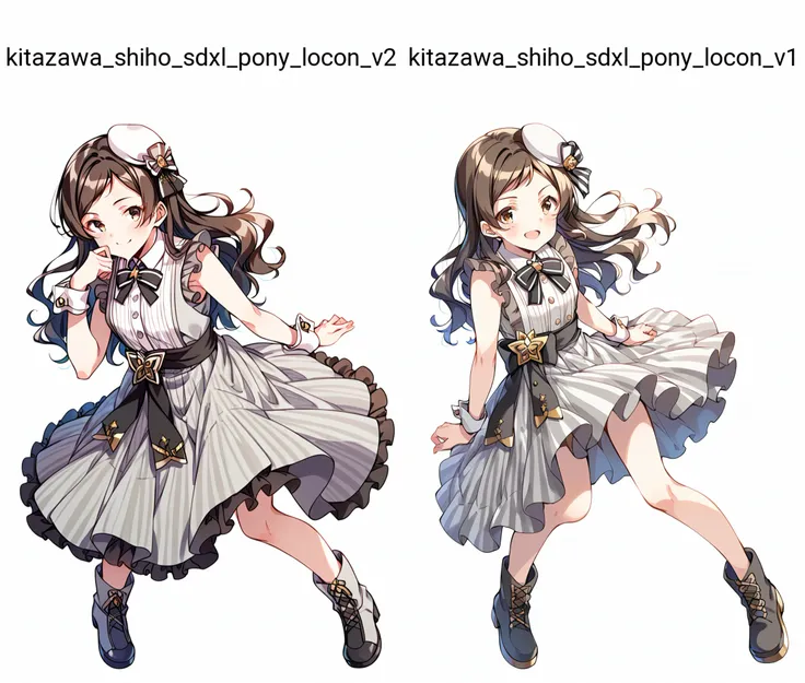 score_9, score_8_up, score_7_up, source_anime BREAK
1girl,
kitazawa shiho, brown hair, black hair, brown eyes, yellow eyes, swept bangs, parted bangs, eyebrows visible through hair, long hair, wavy hair, hair down,
secret pride,
white dress, grey dress, frilled dress, striped dress, pleated dress, sleeveless dress, collared dress, vertical-striped clothes,
mini hat, beret, tilted headwear, white headwear, hat bow, hat ribbon, hat ornament,
black neckwear, black bowtie, neck ribbon, black ribbon, black bow,
sash, belt, buttons, wrist cuffs, jewelry, star \(symbol\),
black footwear, grey footwear, ankle boots,
simple background, white background, smile,
<lora:kitazawa_shiho_sdxl_pony_locon_v2:0.7>