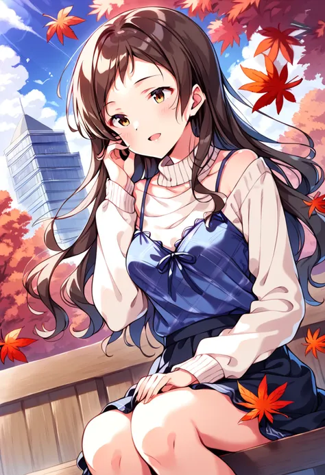 score_9, score_8_up, score_7_up, source_anime BREAK
kitazawa shiho, atmn-clrs-wrld, 1girl, solo, brown hair, brown eyes, autumn leaves, sitting, leaf, outdoors, tree, day, open mouth, blush, long sleeves, cloud, smile, autumn, lens flare, black skirt, maple leaf, blue sky, looking away, wind, looking to the side, white sweater, hand in hair, falling leaves, hand on lap, :d, floating hair, sunlight, railing, hand up, hand on own thigh, plaid dress, adjusting hair, wooden fence, hair tucking, hair blowing, cloudy sky, bench, light rays, frills, looking afar, turtleneck sweater, blue dress, dutch angle, light particles, sunbeam, very long hair, white shirt, black hair, sleeves past wrists, swept bangs, wavy hair, eyebrows visible through hair, building, miniskirt, leaves in wind, hand on own leg, medium breasts, arm support, petals, grey sweater, yellow eyes, parted lips, maple tree, parted bangs, hand in own hair, plaid camisole, blue camisole, camisole over clothes
<lora:kitazawa_shiho_sdxl_pony_locon_v2:0.7>