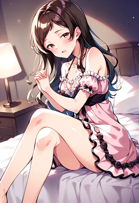 score_9, score_8_up, score_7_up, source_anime BREAK
kitazawa shiho, sexy-beautiful, 1girl, solo, sitting, blush, looking at viewer, brown eyes, crossed legs, brown hair, bare shoulders, collarbone, own hands together, open mouth, blurry background, parted lips, depth of field, lamp, frills, white dress, detached sleeves, dutch angle, swept bangs, indoors, light particles, frilled dress, yellow eyes, black hair, on bed, eyebrows visible through hair, interlocked fingers, sleeveless dress, feet out of frame, puffy short sleeves, sitting on bed, black ribbon, parted bangs, floral print, white skirt, own hands clasped, halterneck, leaning forward, shiny, nightgown, off shoulder, :o, very long hair, medium breasts, bedroom, sidelocks, spaghetti strap, bokeh, light, frilled sleeves, rose print, thighs, short dress, ribbon trim, bare arms, shiny hair, legs together, smile, off-shoulder dress, black bow, arm garter, half-closed eyes, from side, bed sheet, pink dress
<lora:kitazawa_shiho_sdxl_pony_locon_v2:0.7>