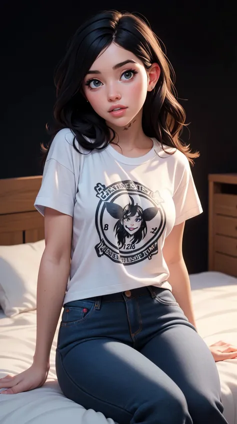 DEN_voly_SG:1.2 wearing a ((oversized t-shirt:1.2)), ((rocker t-shirt, logo on t-shirt)), ((black hair, long hair)), hyper realistic, 4k, medium breasts, masterpiece, beautiful, facing the viewer, headshot, denim pants, ((nasolabial folds)), DSLR RAW PHOTO, 8K, POV, canon 5d, 85mm, ((bedroom, early morning, sitting on a bed, dim lights, black background)), smirk, sexy pose, AS-Adult, (RAW photo:1.2), (photorealistic:1.4), (masterpiece:1.4), (best quality:1.4), ultra high res, ((detailed facial features)), HDR, 8k resolution, upper body, \(nikke\), (masterpiece:1.4), (best quality:1.4), (shiny skin), <lora:p3r3zstyle:0.3>