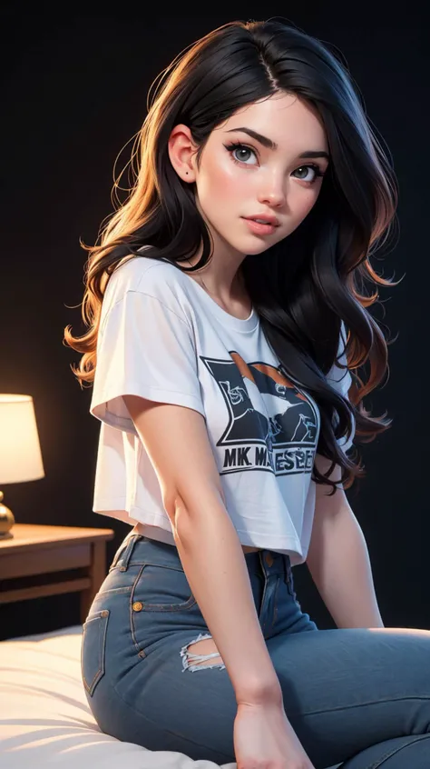 DEN_voly_SG:1.2 wearing a ((oversized t-shirt:1.2)), ((rocker t-shirt, logo on t-shirt)), ((black hair, long hair)), hyper realistic, 4k, medium breasts, masterpiece, beautiful, facing the viewer, headshot, denim pants, ((nasolabial folds)), DSLR RAW PHOTO, 8K, POV, canon 5d, 85mm, ((bedroom, early morning, sitting on a bed, dim lights, black background)), smirk, sexy pose, AS-Adult, (RAW photo:1.2), (photorealistic:1.4), (masterpiece:1.4), (best quality:1.4), ultra high res, ((detailed facial features)), HDR, 8k resolution, upper body, \(nikke\), (masterpiece:1.4), (best quality:1.4), (shiny skin), <lora:p3r3zstyle:0.3>