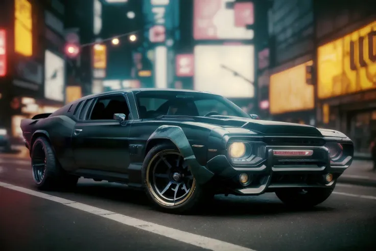 (high quality, best quality), (sharp focus), 4K Unity Wallpaper, front quarter view, dirty, (cyberpunk black muscle car), (cinematic lighting:1.2), depth of field, bokeh, day time, city, neon lights, <lora:cybervehiclev4:0.8>, <lora:add_detail:0.8>