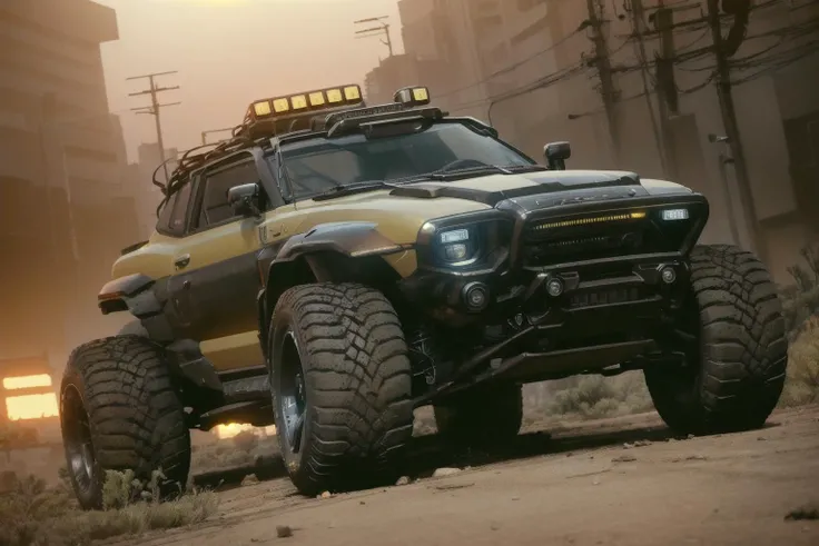 (three quarter view, sharp focus, cinematic lighting), (cyberpunk offroad car, warm yellow with matt black details, big fat wide offroad tires, matt wheels, tinted glass, quad headlights), (speeding through futuristic desert, sunrise), (high quality, best quality, masterpiece, extremely detailed), <lora:cybervehiclev4:0.8>, <lora:add_detail:0.8>