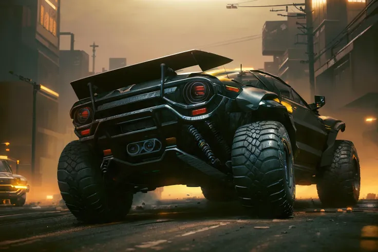 (three quarter view, sharp focus, cinematic lighting), (cyberpunk offroad car, warm yellow with matt black details, big fat wide offroad tires, matt wheels, tinted glass, quad headlights), (speeding through futuristic desert, sunrise), (high quality, best quality, masterpiece, extremely detailed), <lora:cybervehiclev4:0.8>, <lora:add_detail:0.8>