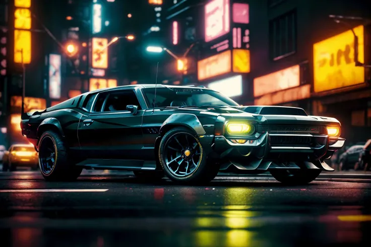 (high quality, best quality), (sharp focus), 4K Unity Wallpaper, front quarter view, dirty, (cyberpunk black muscle car), (cinematic lighting:1.2), depth of field, bokeh, day time, city, neon lights, <lora:cybervehiclev4:0.8>, <lora:add_detail:0.8>