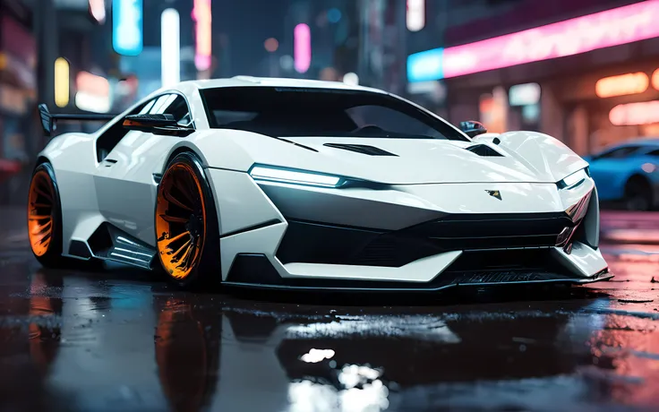 (high quality, best quality), (sharp focus) 4K Unity Wallpaper, <lora:cybervehiclev4:1> front quarter view, cyberpunk white sports car, dirty, (cinematic lighting:1.2), depth of field, bokeh, day time, city, neon lights