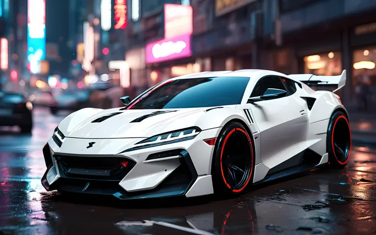 (high quality, best quality), (sharp focus) 4K Unity Wallpaper, <lora:cybervehiclev4:1> front quarter view, cyberpunk white sports car, dirty, (cinematic lighting:1.2), depth of field, bokeh, day time, city, neon lights