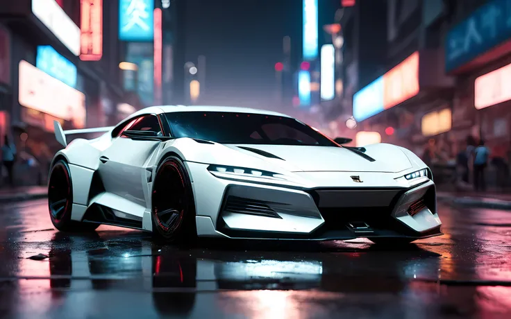 (high quality, best quality), (sharp focus) 4K Unity Wallpaper, <lora:cybervehiclev4:1> front quarter view, cyberpunk white sports car, dirty, (cinematic lighting:1.2), depth of field, bokeh, day time, city, neon lights