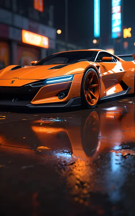 (high quality, best quality), (sharp focus) 4K Unity Wallpaper, <lora:cybervehiclev4:1> front quarter view, cyberpunk (orange sports car:1.2), street style, spoiler, rusty, broken, decals , (cinematic lighting:1.2), depth of field, bokeh, night time, dark theme, city, neon lights