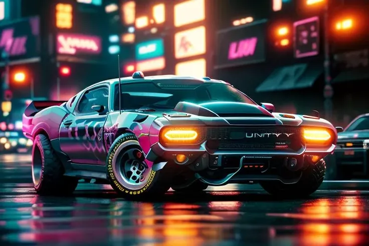 (high quality, best quality), (sharp focus) 4K Unity Wallpaper, <lora:cybervehiclev4:1> front quarter view, cyberpunk fuchsia muscle car, dirty, (cinematic lighting:1.2), depth of field, bokeh, day time, city, neon lights