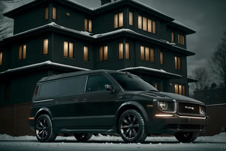 van, sportback, iron, steel, intricate gray wheels, black window, parked in front of a detached house in a suburb, midnight, pennsylvania winter day, masterpiece, extremely detailed, extremely detailed background, cinematic lighting, 4k, uhd,<lora:cybervehiclev4:0.75>