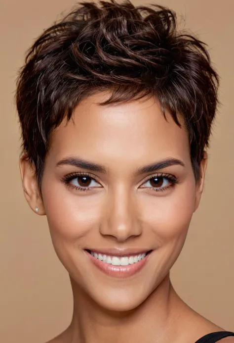 beautiful ohwxhb woman, smile, brown eyes, tan skin, short haircut, dark makeup, hyperdetailed photography, soft light, head and shoulders portrait, cover <lora:halleberry-ohwxhb:0.8>