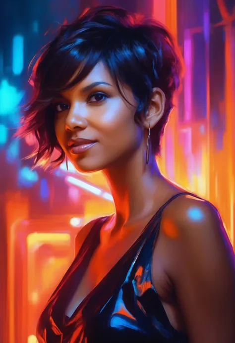 ohwxhb woman, shorthair, art: Henry Asencio, close-up, lava lamp captured in ultra-realistic style, posing in the undulating glow of a neon atmosphere reminiscent of Syd Mead's futuristic aesthetic, the lava inside the lamp seamlessly morphs, soft focus background, neon glow, digital painting, dramatic lighting , artstation trend, sharp focus, studio photo, intricate details, high detail, <lora:halleberry-ohwxhb:1>