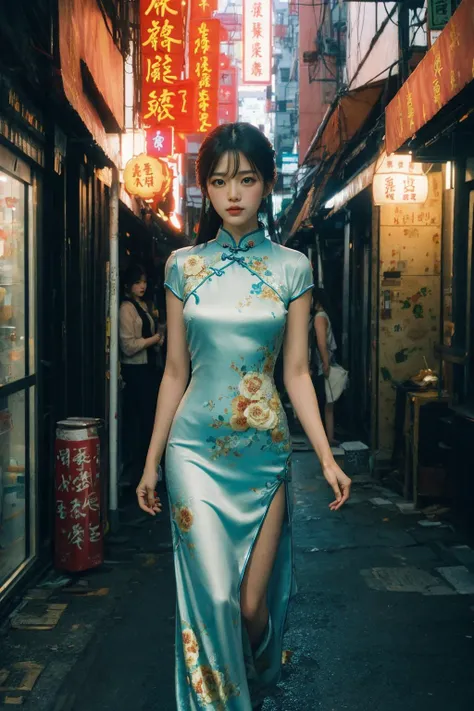 masterpiece,ultra realistic,32k,extremely detailed CG unity 8k wallpaper, best quality,1 girl, cheongsam, cowboy shot, street, hongkong street, (film grain:1.2), (film overlay:1.3), night, <lora:Hongkongcolor:0.6>