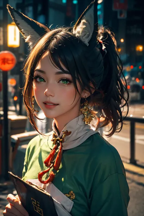 (RAW photo, best quality),(realistic, photo-realistic:1.4),extremely delicate and beautiful, finely detail, masterpiece, ultra-detailed, highres, best shadow, detailed background,(luxury room),1girl, <lora:Tingyun01.1:0.8>, tingyun, green eyes, ponytail, hair ornament, white collar, (fox ears:1.3), shiny skin, light smile, dynamic pose, looking at viewer, cheongsam, holding folding fan, (cowboy shot), street, ((hongkong street)), (night:1.3), <lora:Hongkong_byNight_Film_Color:0.8:PALETTE>,