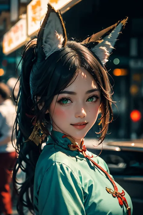 (RAW photo, best quality),(realistic, photo-realistic:1.4),extremely delicate and beautiful, finely detail, masterpiece, ultra-detailed, highres, best shadow, detailed background,(luxury room),1girl, <lora:Tingyun01.1:0.8>, tingyun, green eyes, ponytail, hair ornament, white collar, (fox ears:1.3), shiny skin, light smile, dynamic pose, looking at viewer, cheongsam, holding folding fan, cowboy shot, street, ((hongkong street)), (night), <lora:Hongkong_byNight_Film_Color:0.8:PALETTE>, (film grain:1.2), (film overlay:1.3),, (masterpiece,best quality:1.5)