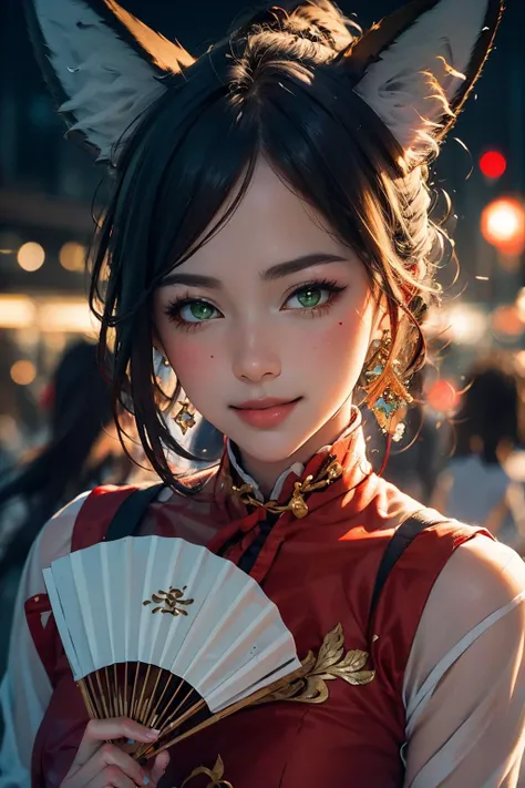 (RAW photo, best quality),(realistic, photo-realistic:1.4),extremely delicate and beautiful, finely detail, masterpiece, ultra-detailed, highres, best shadow, detailed background,(luxury room),1girl, <lora:Tingyun01.1:0.8>, tingyun, green eyes, ponytail, hair ornament, white collar, (fox ears:1.3), shiny skin, light smile, dynamic pose, looking at viewer, cheongsam, holding folding fan, (cowboy shot), street, ((hongkong street)), (night:1.3), <lora:Hongkong_byNight_Film_Color:0.8:PALETTE>,