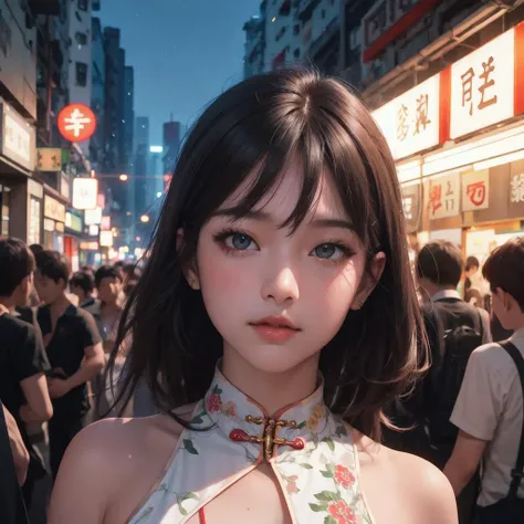 masterpiece,ultra realistic,32k,extremely detailed CG unity 8k wallpaper, best quality,1 girl, cheongsam,, head shot, street, hongkong street, (film grain:1.2), (film overlay:1.3), night, <lora:Hongkongcolor:0.6>
