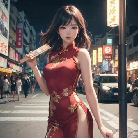 masterpiece,ultra realistic,32k,extremely detailed CG unity 8k wallpaper, best quality,1 girl, cheongsam, holding folding fan, cowboy shot, street, hongkong street, (film grain:1.2), (film overlay:1.3), night, <lora:Hongkongcolor:0.6>