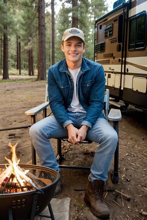 national park campground, an RV motorhome, sitting in a (lawn chair beside a (campfire)), smiling, JakePreston, wearing light jacket, blue jeans, hiking boots, (((full body portrait))), wide angle <lora:JakePreston:0.8>