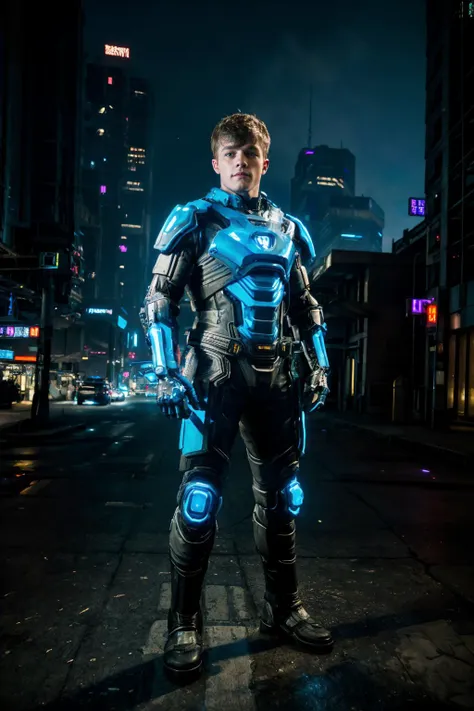 cyberpunk futuristic city by tooimage at dusk, bokeh, JakePreston wearing mechaarmor, cyberpunk armor, mecharmor gloves, (((full body portrait))), wide angle  <lora:JakePreston:0.8> <lora:cyberpunk:0.4> <lora:mechaarmor_v0.7:0.4>