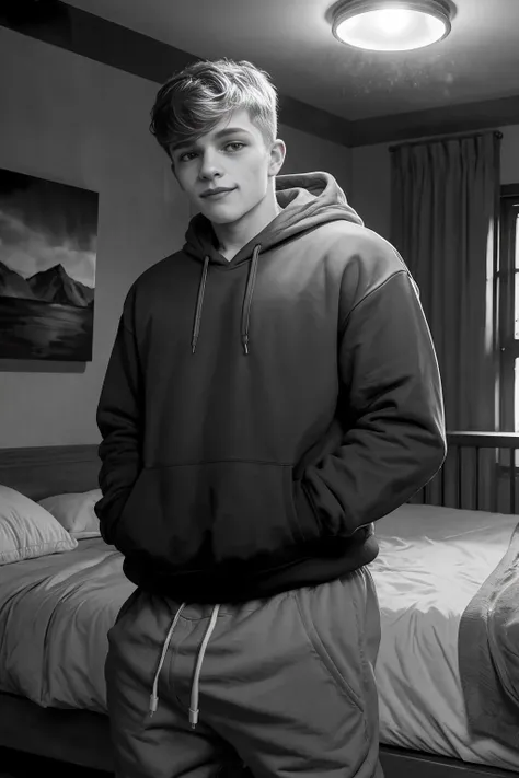 32K, Masterpiece, cinematic lighting, ((monochrome)), perfect shading, art station enhanced, visually arresting photograph of  <lora:JakePreston:1> JakePreston, male focus, short hair, finely detailed eyes:1.1, smile, closed mouth, sweatpants:0.95, sweatshirt with hood, standing, porn set background, hands in pockets, close up, bed, window, ceiling light, painting, (((SFW))),