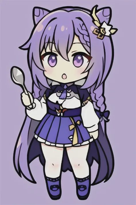1girl, masterpiece, best quality, cheeks, highest quality, extremely detailed, focused, extremely detailed, long violet hair, violet_eyes, long dress, braids, sharp focus, absurdres, keqing \(genshin impact\), :o, holding spoon, showing with hand to mouth, looking_at_viewer, full_body, thighs, bib with fish print, clusmsy, chibi, wink, wral<lora:keqing_medium:0.8><lora:animeEMOJIStyleLora_v10:0.8>