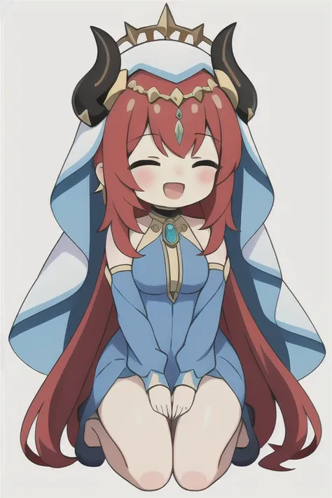 1girl, masterpiece, best quality, cheeks, highest quality, extremely detailed,  focused, extremely detailed, sharp focus, absurdres, nilou \(genshin impact\), long hair, jewelry, blue gemstone, earrings, horns, crown, cyan satin dress, white veil, neck ring, red hair,(closed_eyes), >_<,:d, kneeling, nilou \(genshin impact\), fireworks, full_body, thighs, clumsy, ((chibi)),<lora:TsumasakyNilouGenshin_v1:0.3><lora:animeEMOJIStyleLora_v10:0.8>