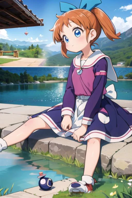 masterpiece,popuri \(fushigi mahou fun fun pharmacy\),1girl,close up <lora:popuri_v9_locon:0.7>twintails,hair bow,mountain.lake.witch house,happy
