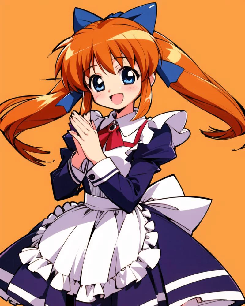 1girl, smile, open mouth, solo, long sleeves, bow, standing,
<lora:Kazuhiro Takamura:0.6>, long hair, blush, maid, apron, dress,
<lora:popuri_v9_locon-000003:0.2>, <lora:popurin_moe:0.4>, (blue eyes, hair bow, orange hair, twintails),