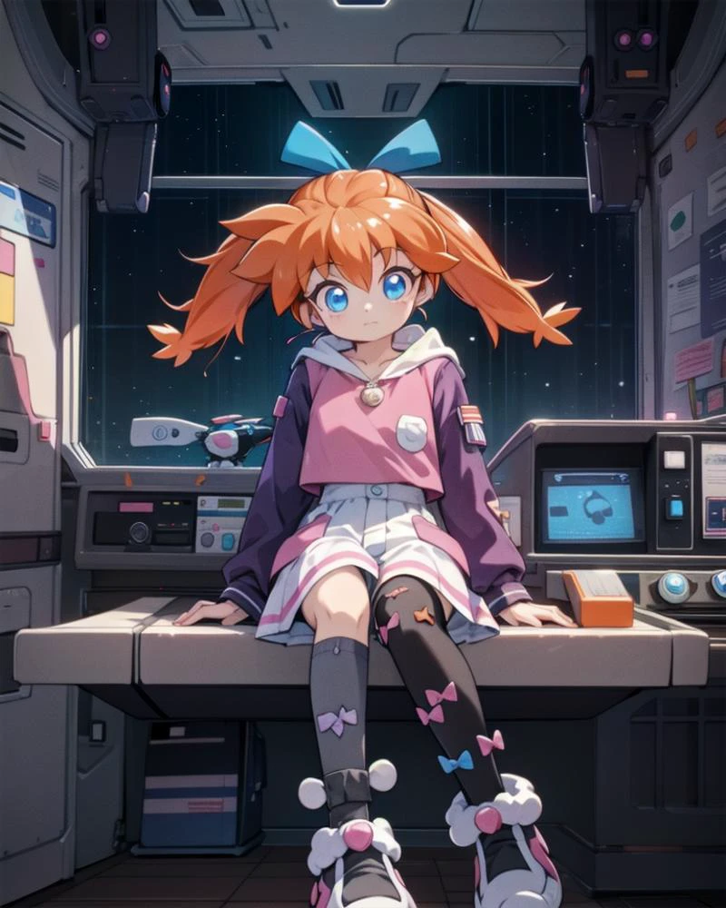 <lora:Channel_42:0.8>, *Channel_42*, *Station_42*, *Neon*, *Spaceship*, indoors,
<lora:popuri_v9_locon-000003:0.5>, <lora:popurin_moe:0.6>, (blue eyes, hair bow, orange hair, twintails), pink shirt, skirt, pocket, shoes, asymmetrical legwear, mismatched legwear, black socks, grey thighhigh, (ribbon:1.2), hood, pendant,
sitting,
