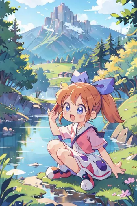 masterpiece,popuri \(fushigi mahou fun fun pharmacy\),girl, <lora:popuri_v9_locon:0.7>twintails,hair bow,mountain.lake.witch house,happy