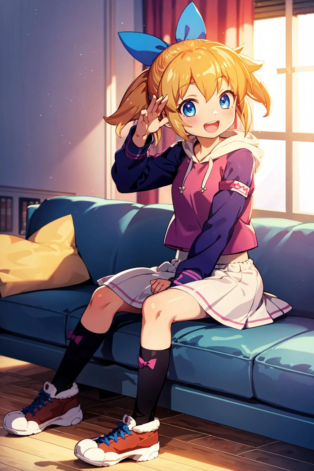 (masterpiece:1.2), best quality, ultra high res, unity 8k wallpaper, (illustration:1.0), (beautiful detailed eyes:1.6), extremely detailed face, Cinematic lighting, high contrast , clear color, (perfect hands,perfect anatomy), (dynamic angle and pose:1.3), best angle, (1girl, solo:1.5), smooth, simple, BREAK
popuri \(fushigi mahou fun fun pharmacy\), blue eyes, twintails, orange hair, hair bow, hair ribbon, blue bow, BREAK
pocket, shirt, pink shirt, white skirt, long sleeves, dress, bow, thighhighs, skirt, open mouth, ribbon, hood, single thighhigh, shoes, asymmetrical legwear, bow, socks, hoodie, BREAK
smile, open mouth, BREAK
(luxurious mansion:1.4), (indoor:1.2), (window:1.3), (curtain:1.2), (sofa:1.6), (sitting:1.4),