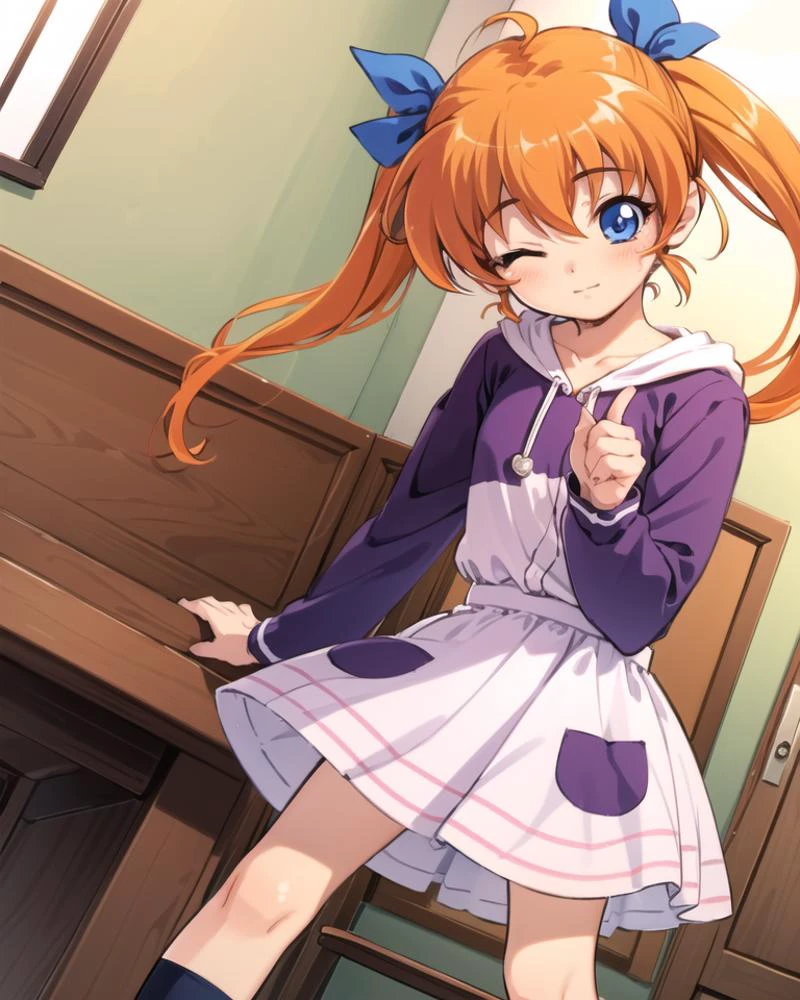 <lora:nonohara_miki-10:0.7>, (nonohara style:1.4),hair ornament, kneehighs, long hair, dutch angle, one eye closed,
1girl, indoors, standing, v,
<lora:popuri_v9_locon-000003:0.4>, <lora:popurin_moe:0.3>, ((blue eyes, hair bow, orange hair, twintails), pink shirt, skirt, hood),