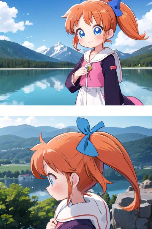 masterpiece,popuri \(fushigi mahou fun fun pharmacy\),1girl,close up <lora:popuri_v9_locon:0.7>twintails,hair bow,mountain.lake.witch house,happy