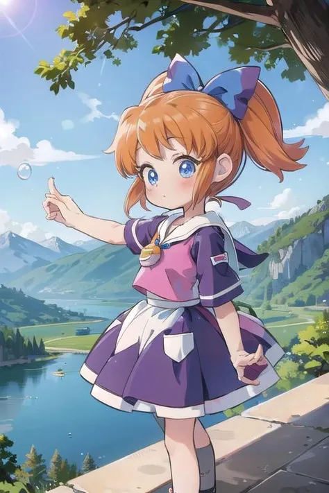 masterpiece,popuri \(fushigi mahou fun fun pharmacy\),girl, <lora:popuri_v9_locon:0.7>twintails,hair bow,mountain.lake.witch house,happy