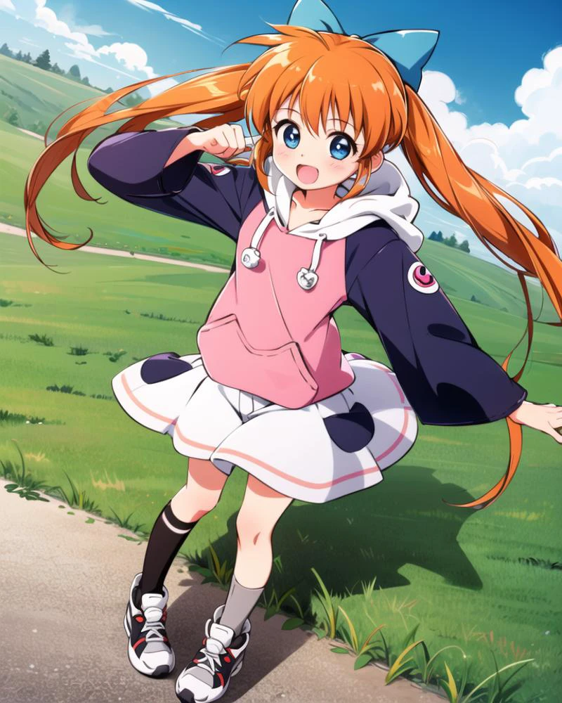 1girl, smile, open mouth, solo, long sleeves, bow, outdoors, standing,
<lora:Kazuhiro Takamura:0.6>, long hair, blush,
<lora:popuri_v9_locon-000003:0.4>, <lora:popurin_moe:0.2>, (blue eyes, hair bow, orange hair, twintails), pink shirt, skirt, pocket, shoes, asymmetrical legwear, mismatched legwear, black socks, grey thighhigh, ribbon, hood,