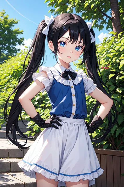 masterpiece, best quality, long hair, twintails, black hair, blue eyes, frilled dress, elbow gloves, outdoors, hand on hip,