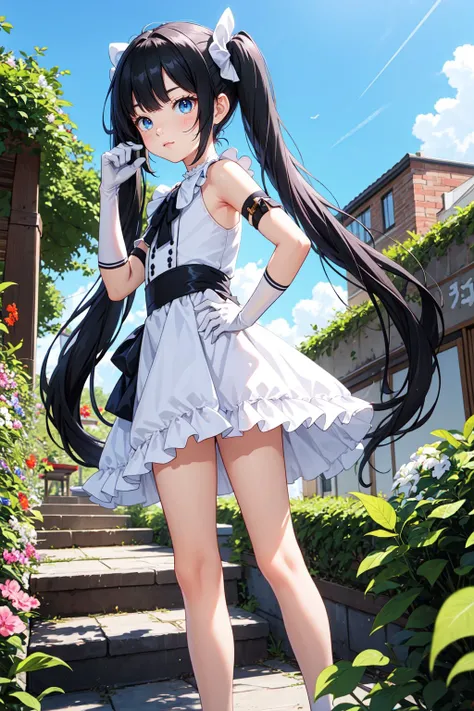 masterpiece, best quality, long hair, twintails, black hair, blue eyes, frilled dress, elbow gloves, outdoors, hand on hip,
