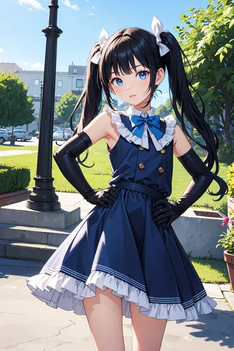 masterpiece, best quality, long hair, twintails, black hair, blue eyes, frilled dress, elbow gloves, outdoors, hand on hip,