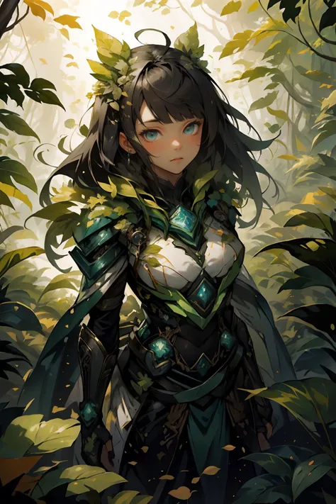 (Masterpiece:1.2, high quality), 1girl, short black hair with bangs, dynamic pose, <lora:GOT-Armor:0.6> <lora:BiophyllTech:0.6> biophylltech, fully-organic, utopia, leafs, lush forrest