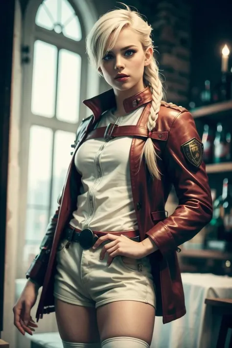 an awarded profesional photography of 1girl <lora:alisaie-nvwls-v1:0.69> single braid, hair ribbon, red jacket, shoulder armor, fingerless gloves, white shirt, red belt, white shorts, thigh boots (pale white skin), beautiful yellow eyes,) very long hair spiked hair ash blonde with mian guan with boxing gloves graduation costume flamboyant,she make Hand on the hip with a tilted head pose Bird on shoulder in a in rome , in spring by Andreas Gursky Candlelight,(epic scene:1.3),ultradetialed character with perfect face,detailed skin,(ultrasharp:1.3),(masterpiece:1.1),best quality ,(photorealistic:1.2),ultrarealistic,realistic ultradetailed character,4k perfect quality,character focus,<lyco:GoodHands-beta2:1>Magnificent,Imperceptible detail,Intricately designed, <hypernet:sxzBloom_sxzBloom:0.6> hotify