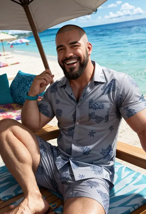manly, low angle, closeup, hairy chest, bara, laughing, looking at viewer, expressive, legs spread, bulge, sitting in beach chair, (buzzcut, goatee, gray eyes, open patterned hawaiian shirt), smirk, swimming trunks, sandals, leaning back, cord bracelet, beach, chill atmosphere, night, starry sky,