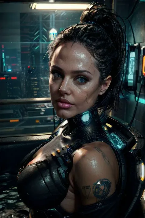 RAW photo, masterpiece, cyberpunk style Angelina Jolie