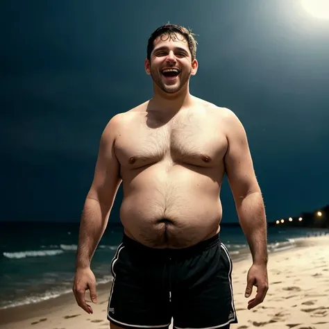 masterpiece, best quality, solo, 1boy, 35yo unathletic average man (plump belly), (short hair crewcut dark hair:1.2) stubble, shirtless, tight bulging black shorts, realistic, dramatic lighting, atmospheric, intricate detail, laughing, nighttime beach, seductive alluring suggestive Homoerotic,