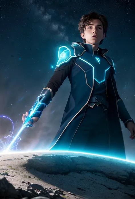 RAW photograph, fantasy, (seen from below, looking down at viewer), on mountain peak outcropping, Hologram wizard casting powerful spell, young teenage boy male with dark brown hair hazel eyes, wearing futuristic mage uniform, surrounded by swirling magical azure light streams, trending on artstation, film, studio lighting, detailed skin, ultra realistic, bokeh, sharp features