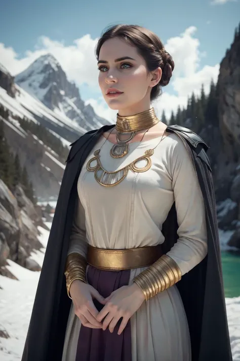 an awarded profesional photography of 1girl <lora:princess_leia_organa_solo-10:0.69> princess_leia_organa_solo, short hair, hair bun, white dress, white clothing armlet, (pale white skin), beautiful amethyst eyes,) halo braid curly hair blonde with hair ribbon with spiked bracelet cape remorseful,she make bent over necklace in a in a quiet, lush valley nestled in between snow-capped mountains , in autumn Ray Harryhausen Daylight,(epic scene:1.3),ultradetialed character with perfect face,detailed skin,(ultrasharp:1.3),(masterpiece:1.1),best quality ,(photorealistic:1.2),ultrarealistic,realistic ultradetailed character,4k perfect quality,cowboy shot<lyco:GoodHands-beta2:1>Magnificent,Imperceptible detail,Intricately designed, <hypernet:sxzBloom_sxzBloom:0.6> hotify