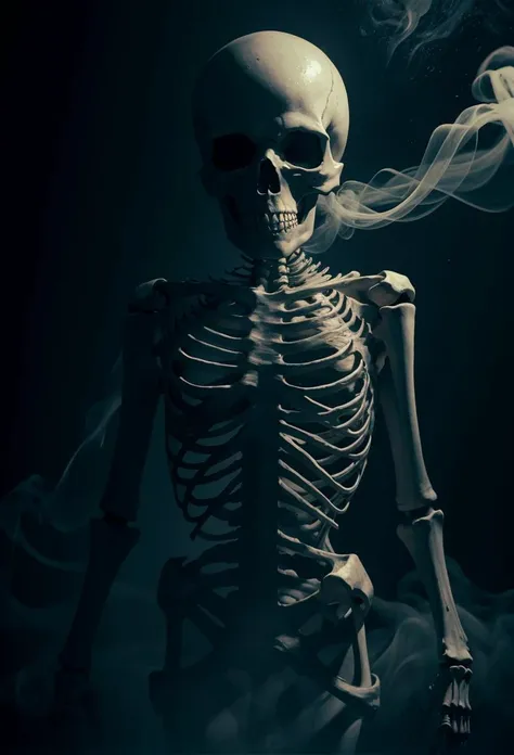 Imagine a photorealistic skeleton surrounded by smoke In a dimly lit, smoke-filled environment, hellish background of fire, a spectral skeleton materializes from the swirling mist, taking on a realistic form with intricate bone structures. The mesmerizing dance of the moving smoke gives the illusion of fluid motion, as vibrant shadows cast an eerie glow around the ethereal figure. The dark theme intensifies the haunting atmosphere, inviting viewers into a mysterious world of ghostly intrigue and enigmatic beauty